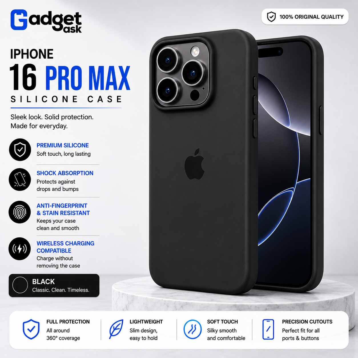 iPhone 16 Pro Max Matte Black Silicone Case